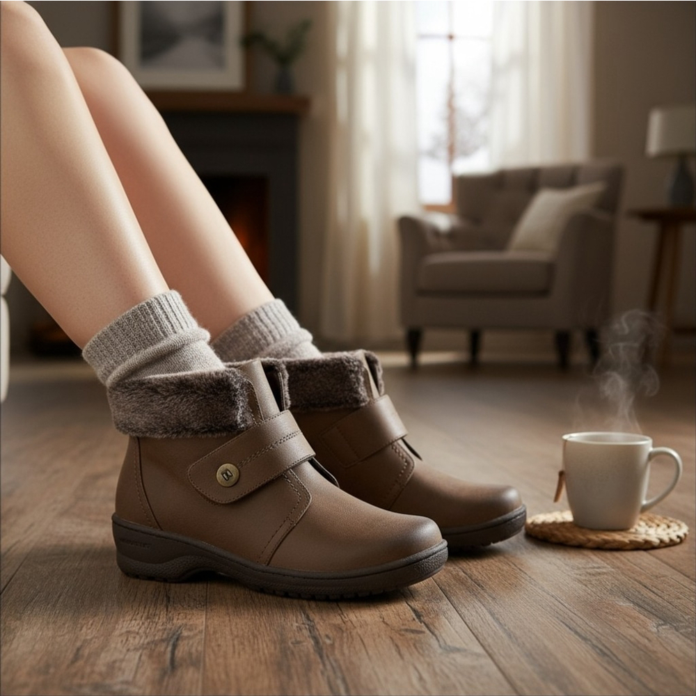 Wanderlust Cozy Faux Leather WATERPROOF Bootie Boots Flat Heel 7 M Tan Brown